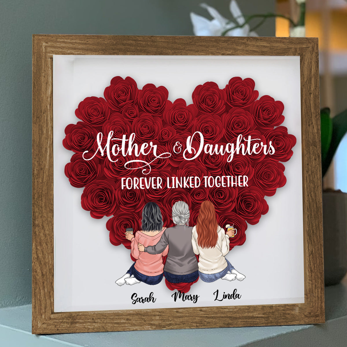 Mutter und Töchter – Geschenk für Mama, Tochter, Sohn – Personalisierte Blumen-Schattenbox