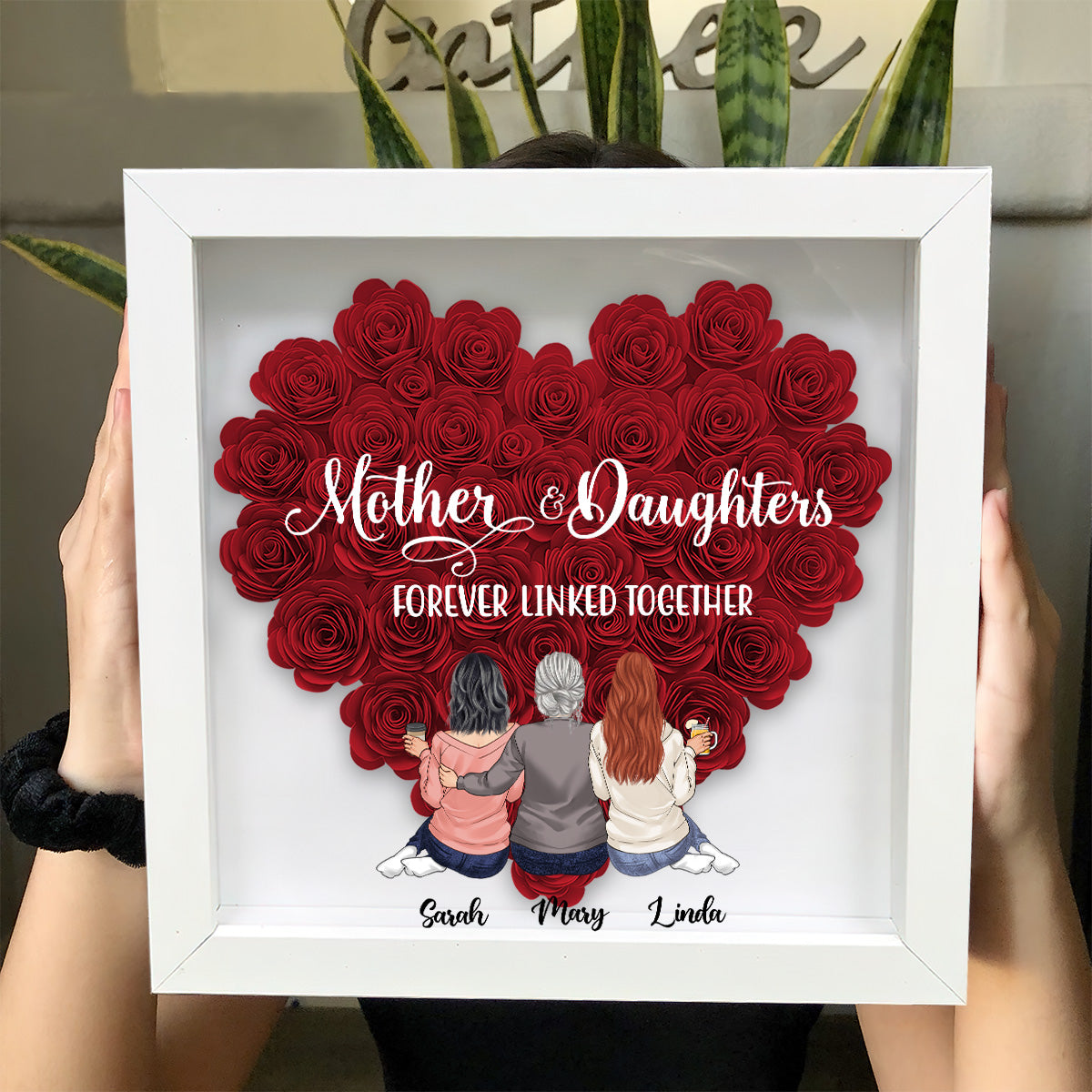 Mutter und Töchter – Geschenk für Mama, Tochter, Sohn – Personalisierte Blumen-Schattenbox