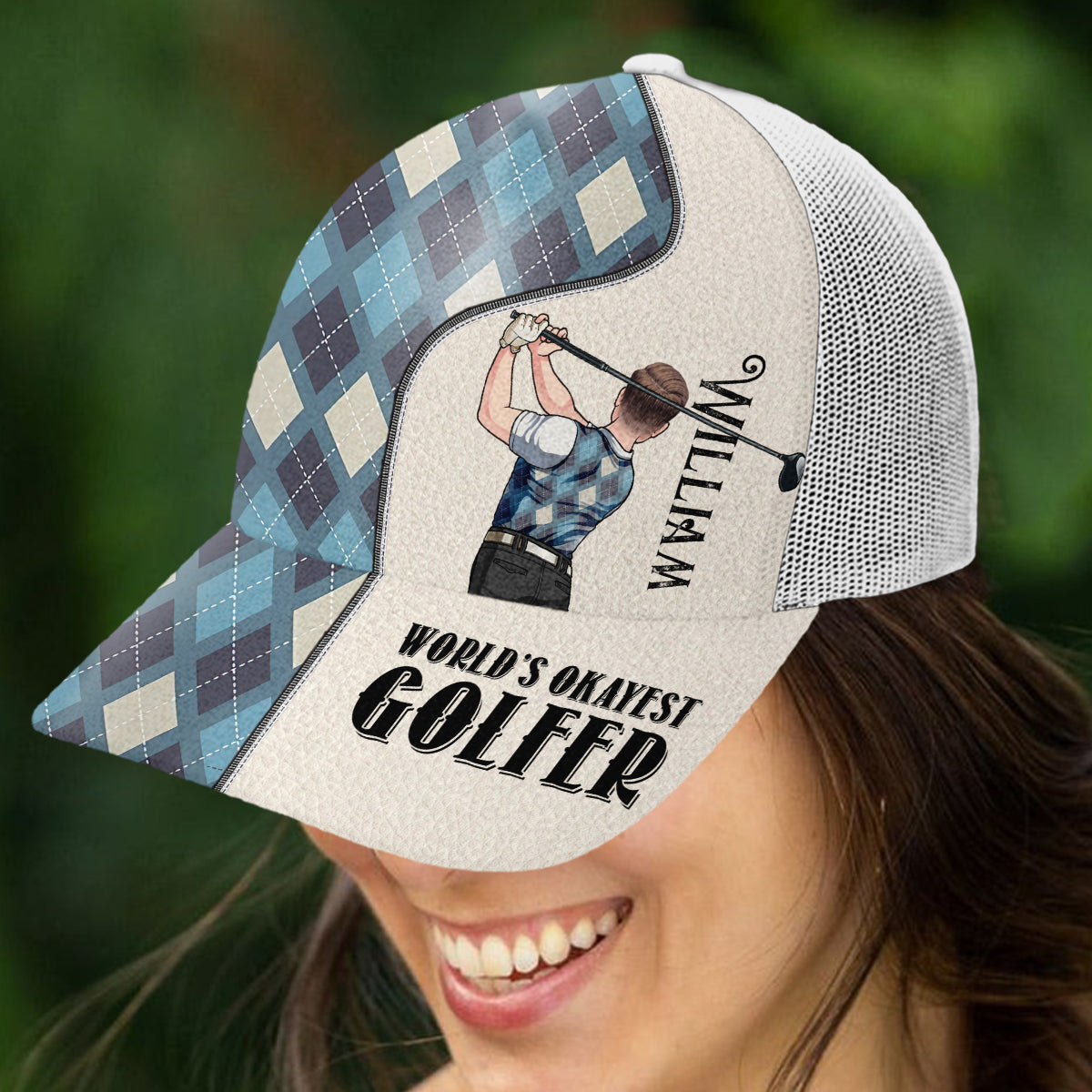 Weltweit mittelmäßigster Golfer – Personalisierte Golf-Trucker-Mütze (Weißes Mesh)