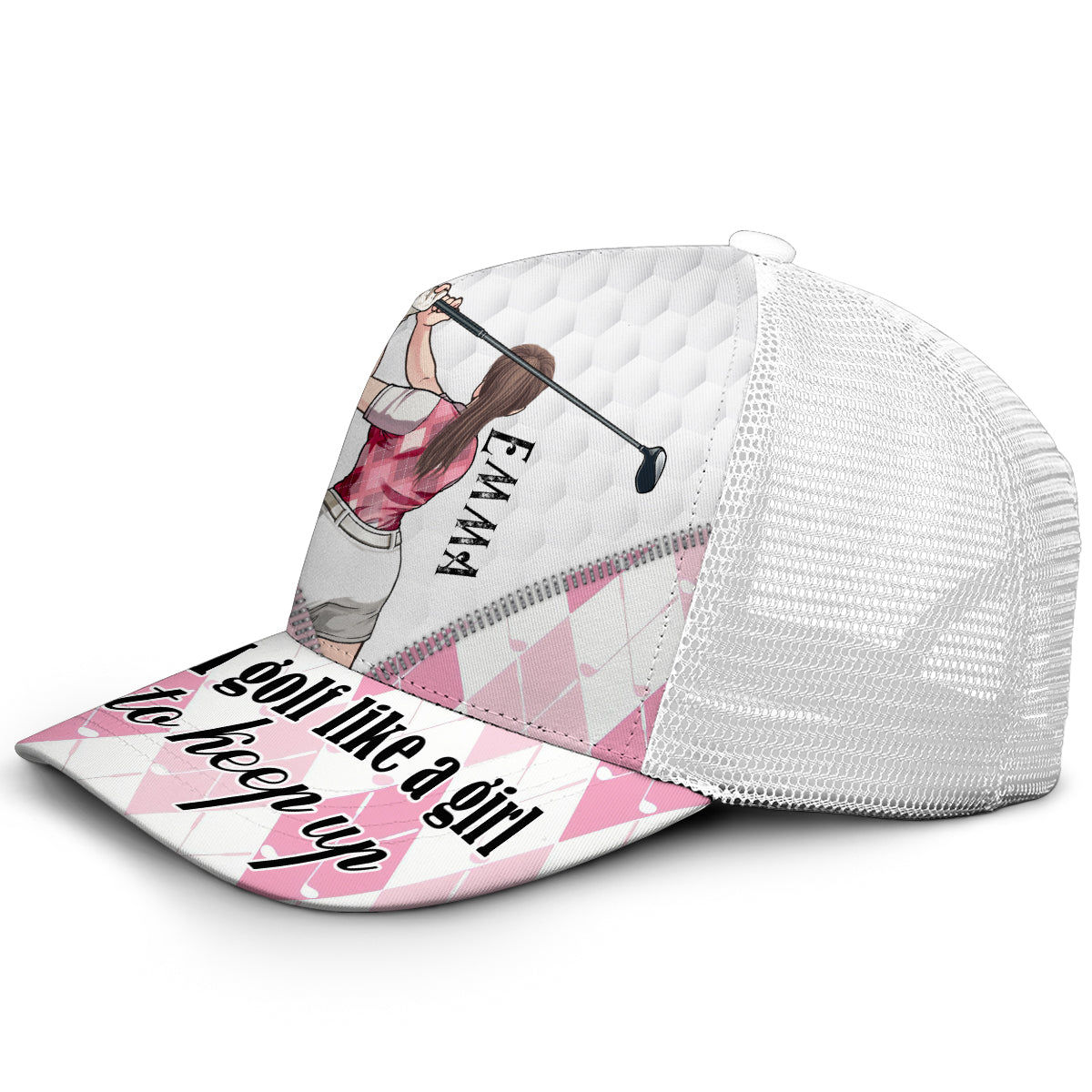 Golf Like A Girl - Personalisierte Golf-Truckerkappe (Weißes Mesh)