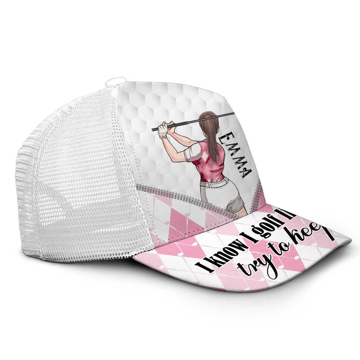 Golf Like A Girl - Personalisierte Golf-Truckerkappe (Weißes Mesh)