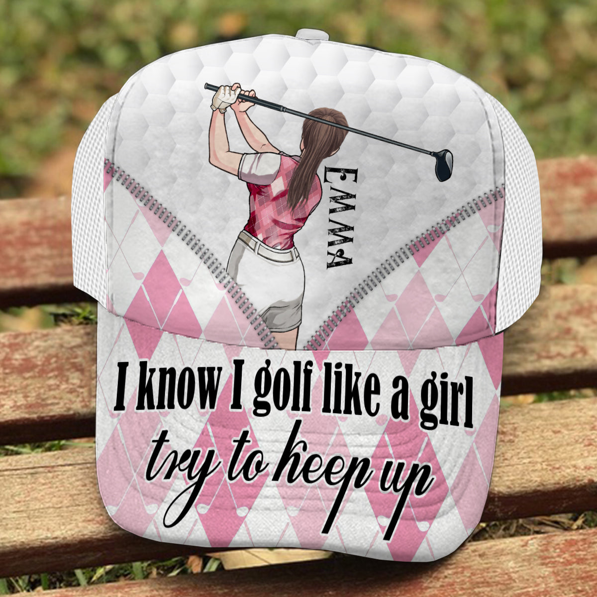 Golf Like A Girl - Personalisierte Golf-Truckerkappe (Weißes Mesh)