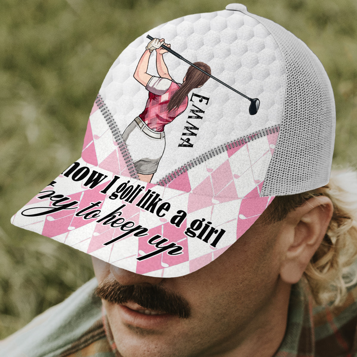 Golf Like A Girl - Personalisierte Golf-Truckerkappe (Weißes Mesh)