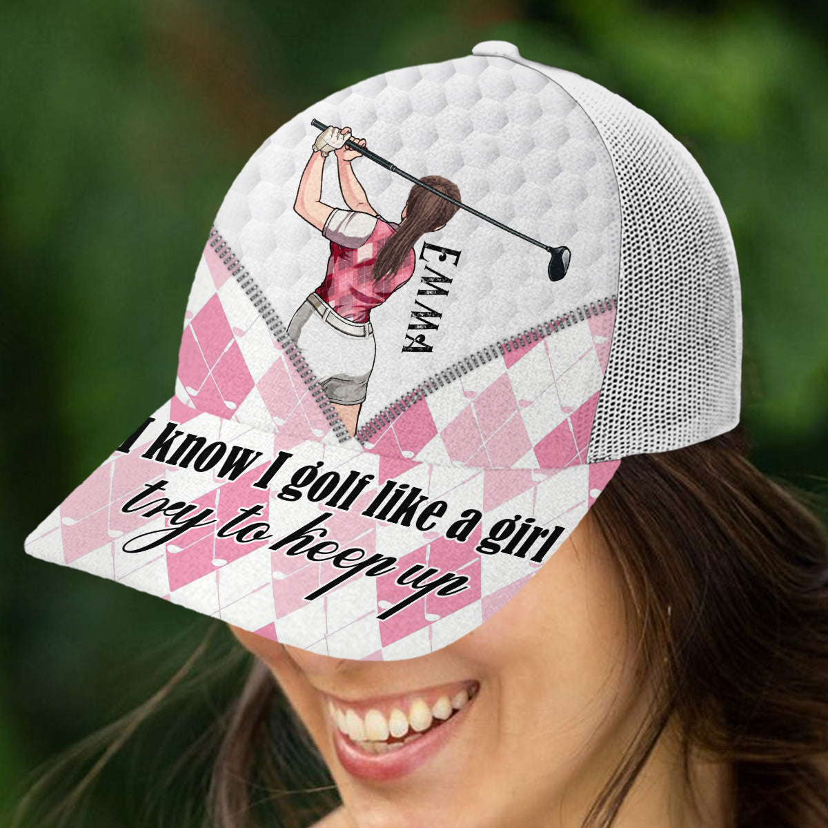 Golf Like A Girl - Personalisierte Golf-Truckerkappe (Weißes Mesh)