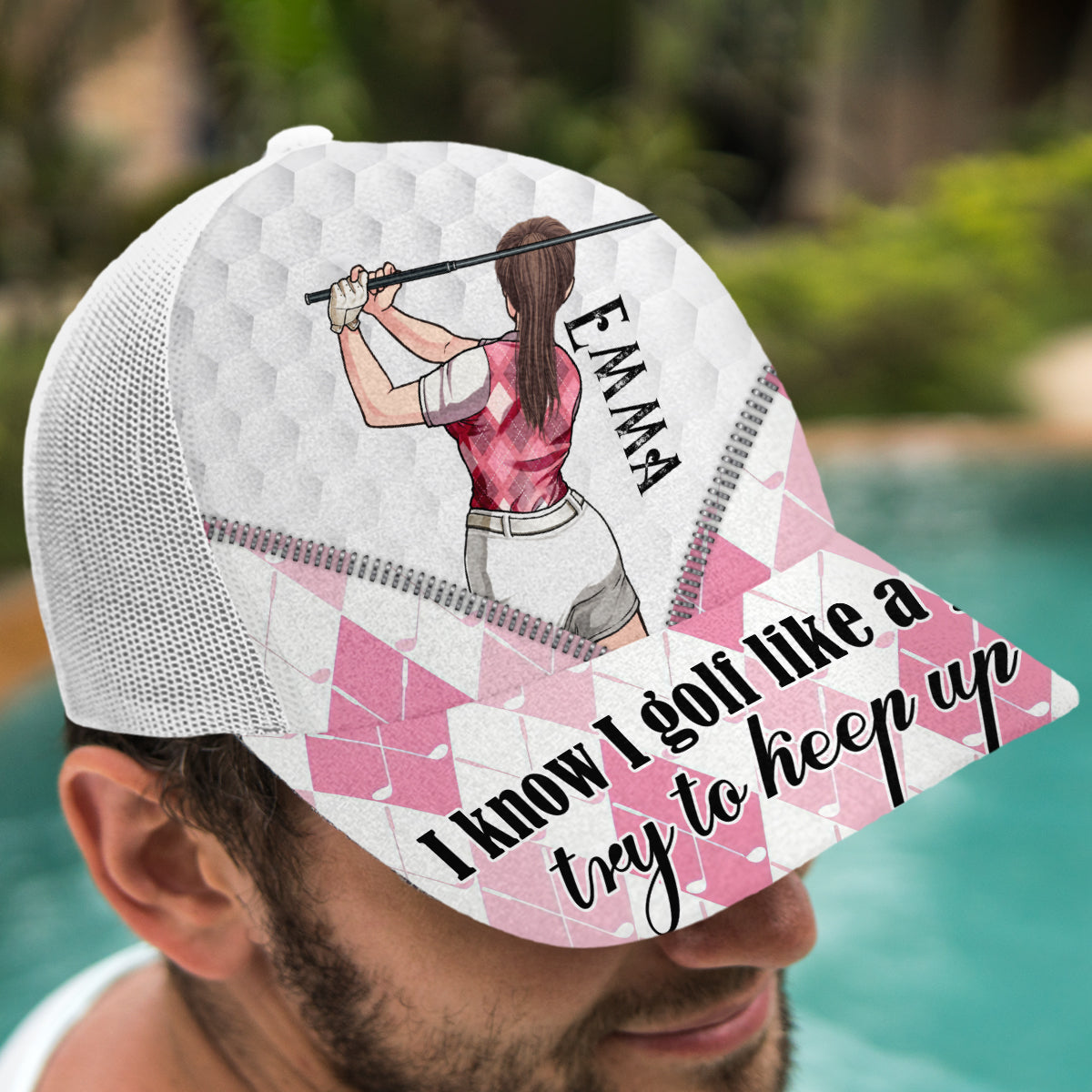 Golf Like A Girl - Personalisierte Golf-Truckerkappe (Weißes Mesh)