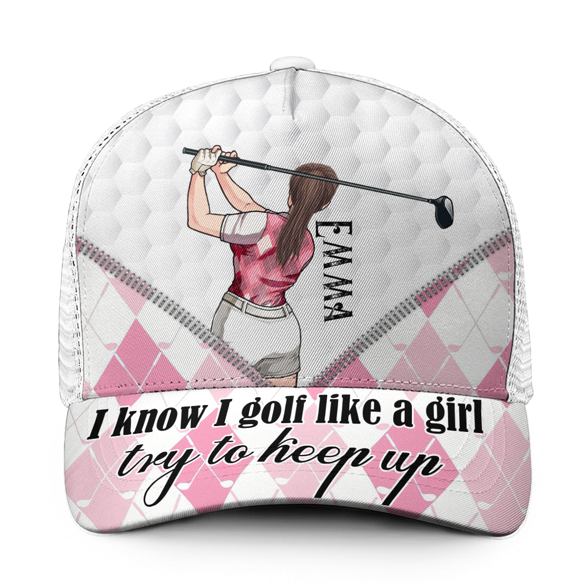 Golf Like A Girl - Personalisierte Golf-Truckerkappe (Weißes Mesh)