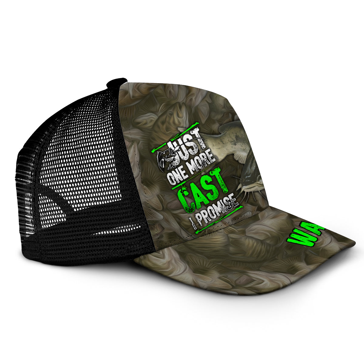 Just One More Cast - Personalized Fishing Trucker Hat (Black Mesh)