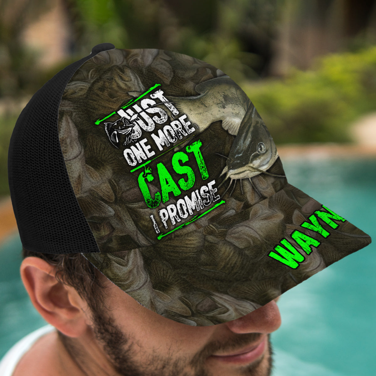 Just One More Cast - Personalized Fishing Trucker Hat (Black Mesh)