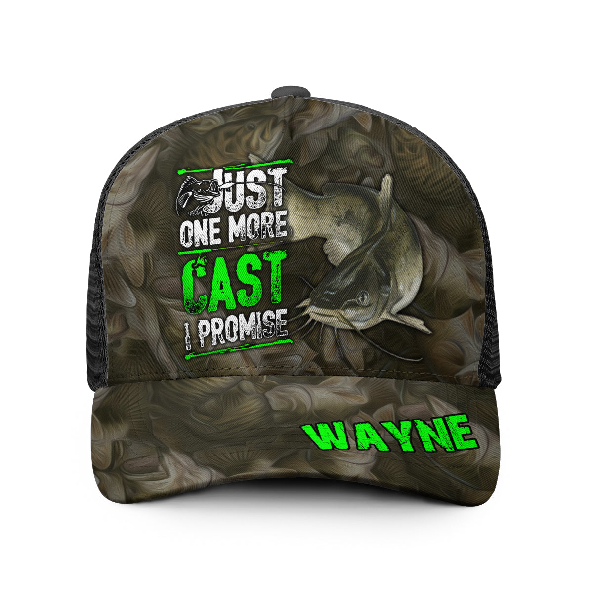 Just One More Cast - Personalized Fishing Trucker Hat (Black Mesh)