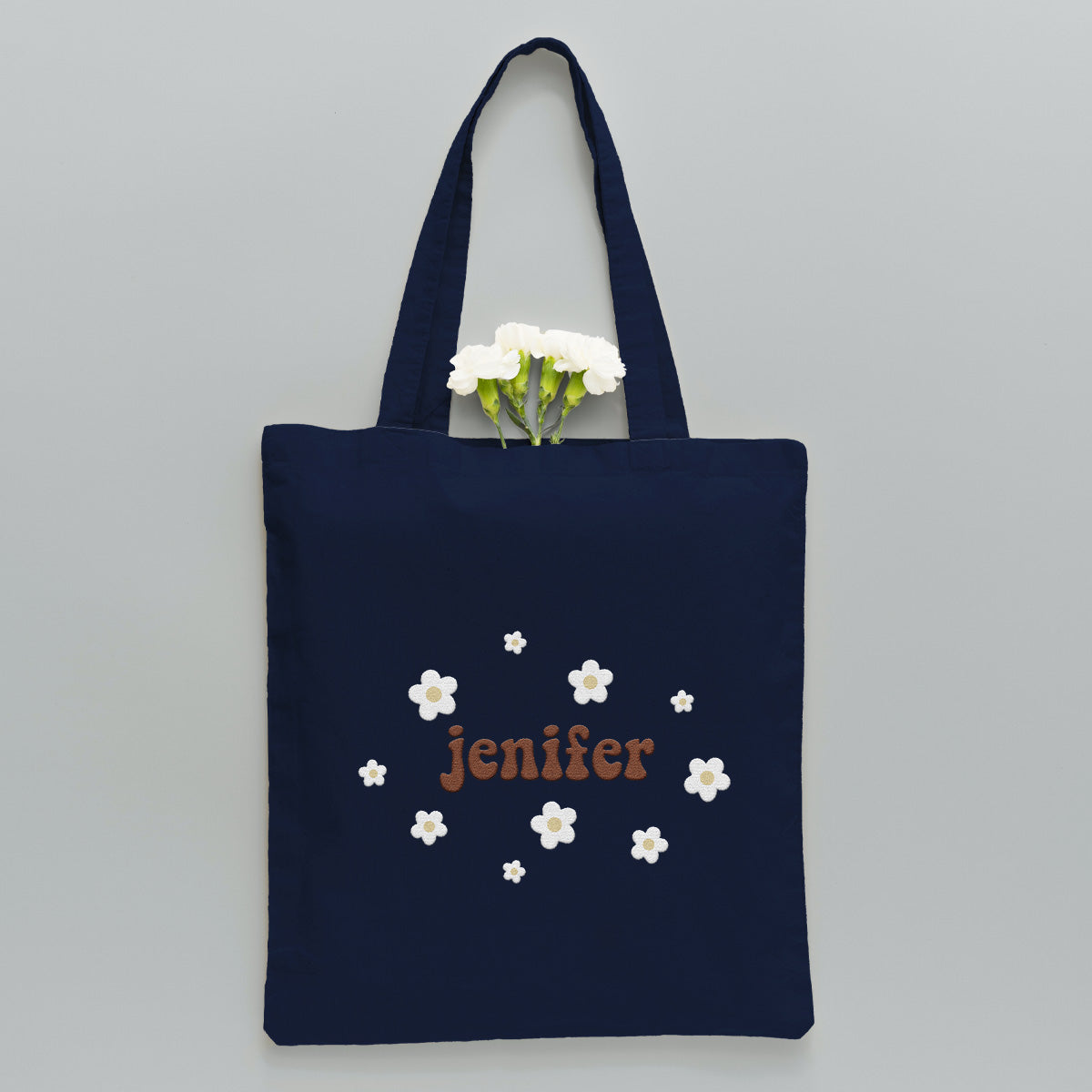 Personalisierte Tragetasche mit Namensstickerei und Blume – Bestickte Tasche für die Tochter