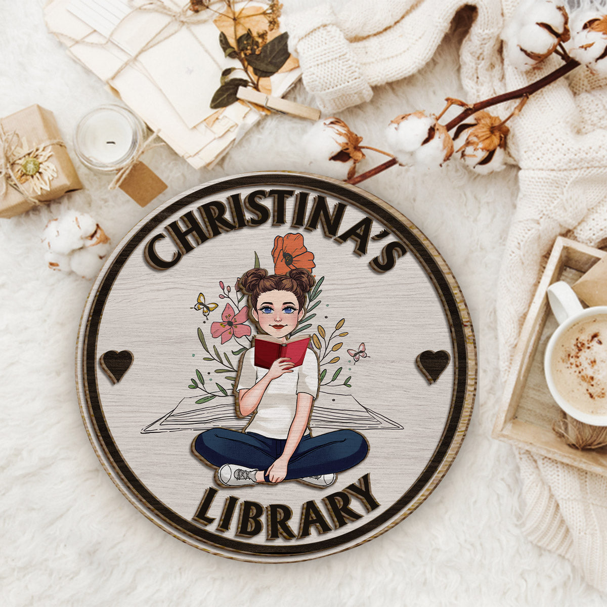 Meine Bibliothek – Personalisiertes Buch, 2-lagiges Holzschild / Holzplakette