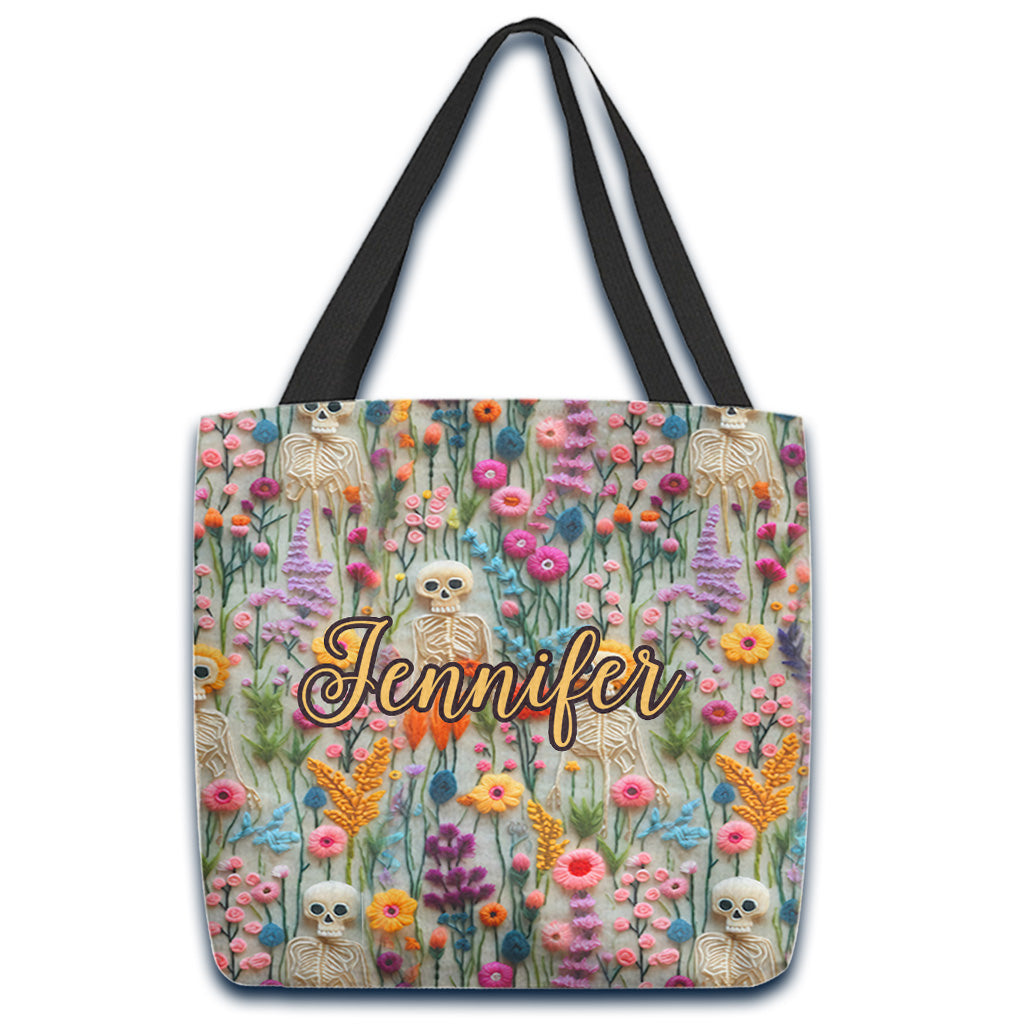 Personalisierte Totenkopf-Tragetasche mit Blumen-Skelett-Motiv