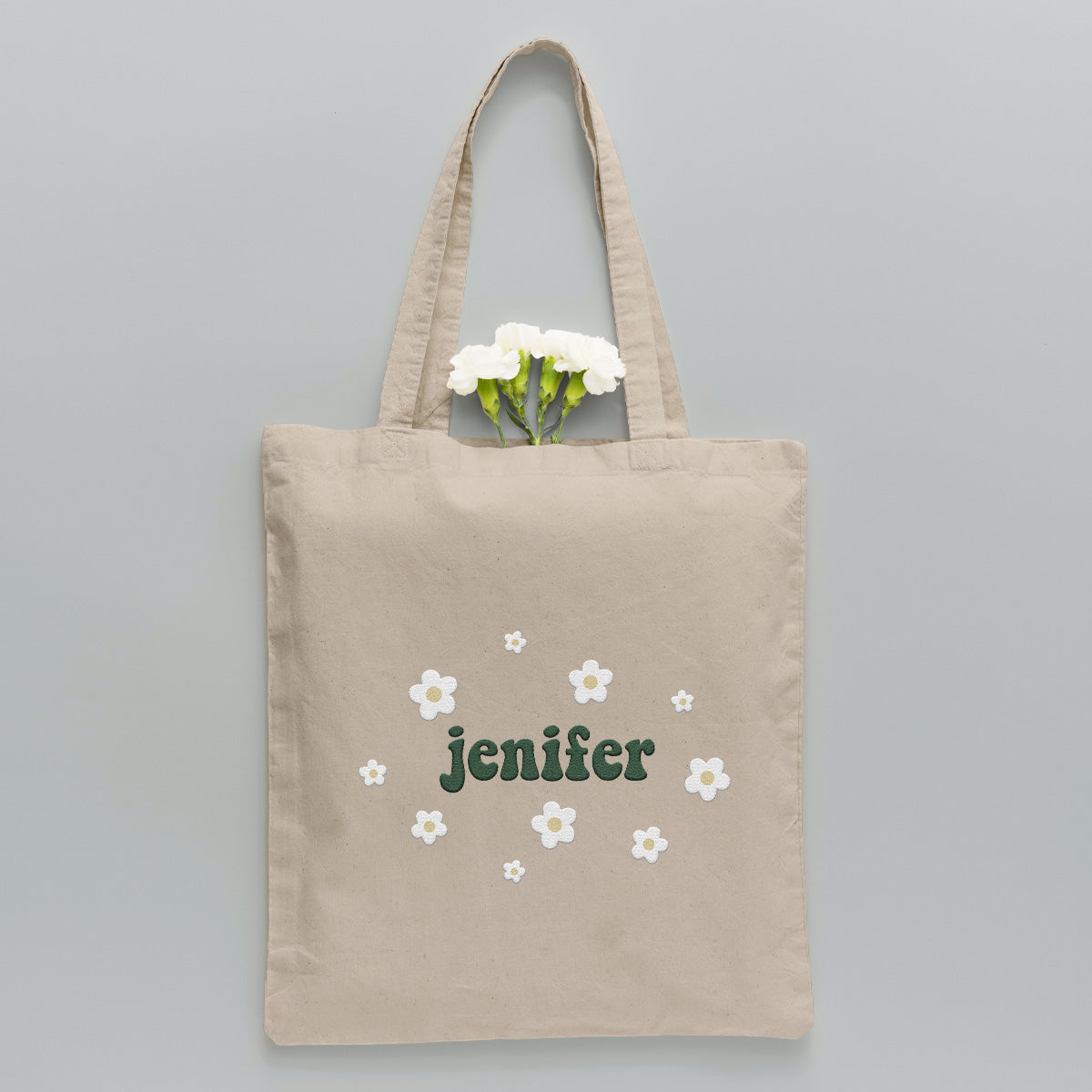 Personalisierte Tragetasche mit Namensaufdruck und Blume – Bestickte Tasche für Paare