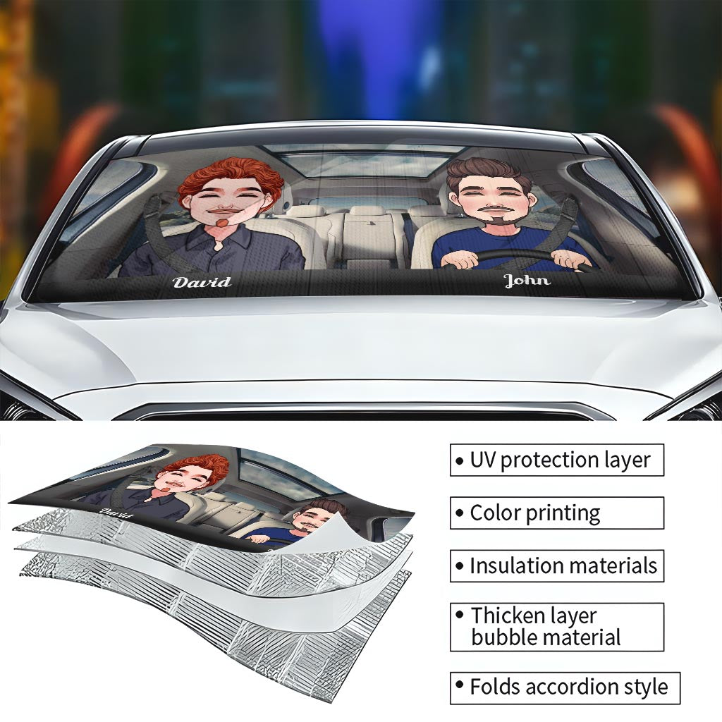 Adventure Awaits - Husband And Wife gift for wife, husband, girlfriend, boyfriend, mom, dad - Personalized Car Sunshade