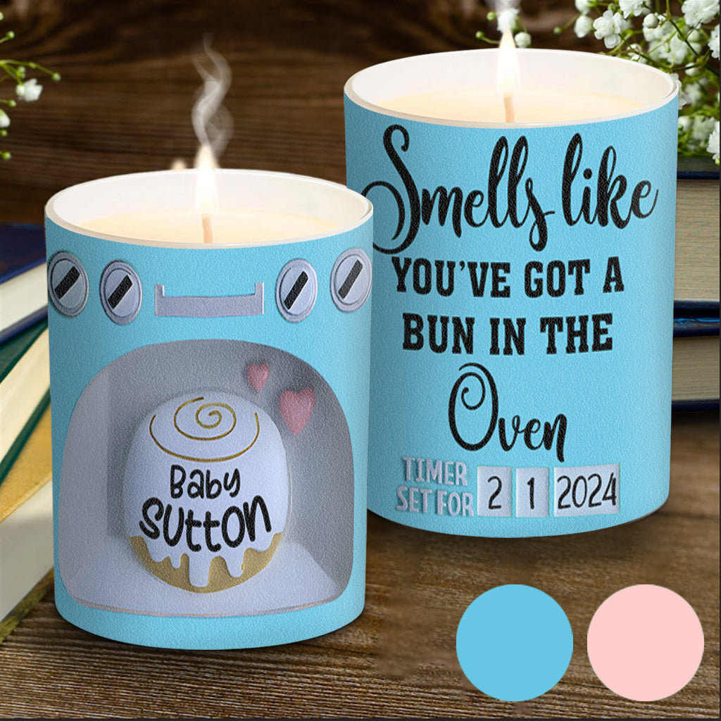 Smells Like You've Got A Bun In The Oven - Pregnancy gift for wife - Personalized Candle With Wooden Lid