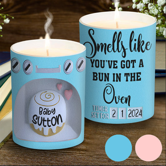 Smells Like You've Got A Bun In The Oven - Pregnancy gift for wife - Personalized Candle With Wooden Lid