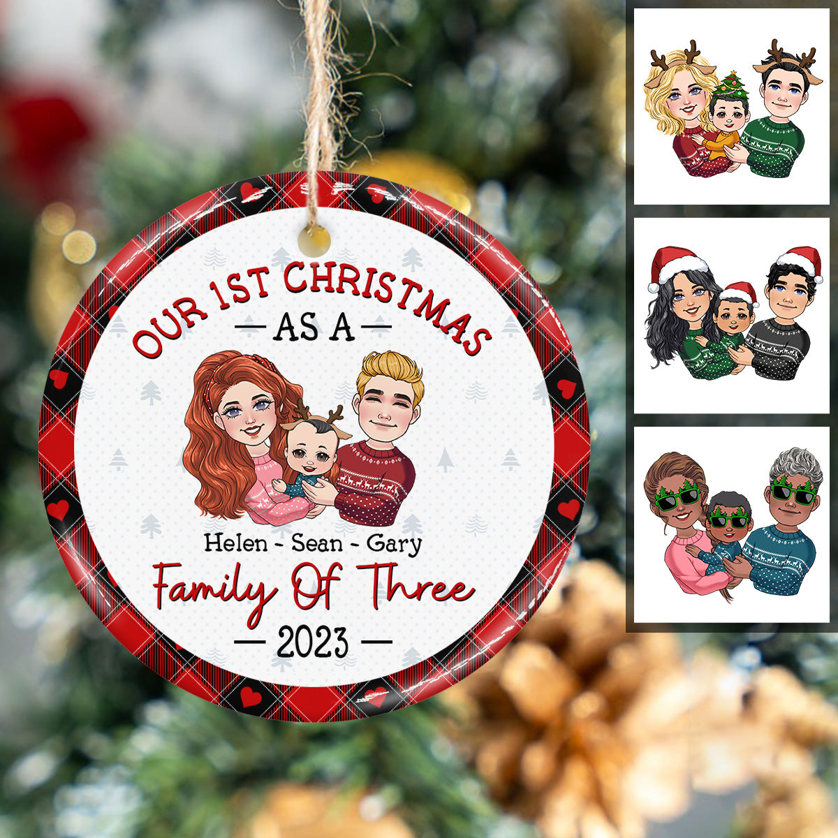 Erstes Weihnachtsfest zu dritt – Geschenk für Neugeborene – Personalisierter Keramik-Kreisanhänger