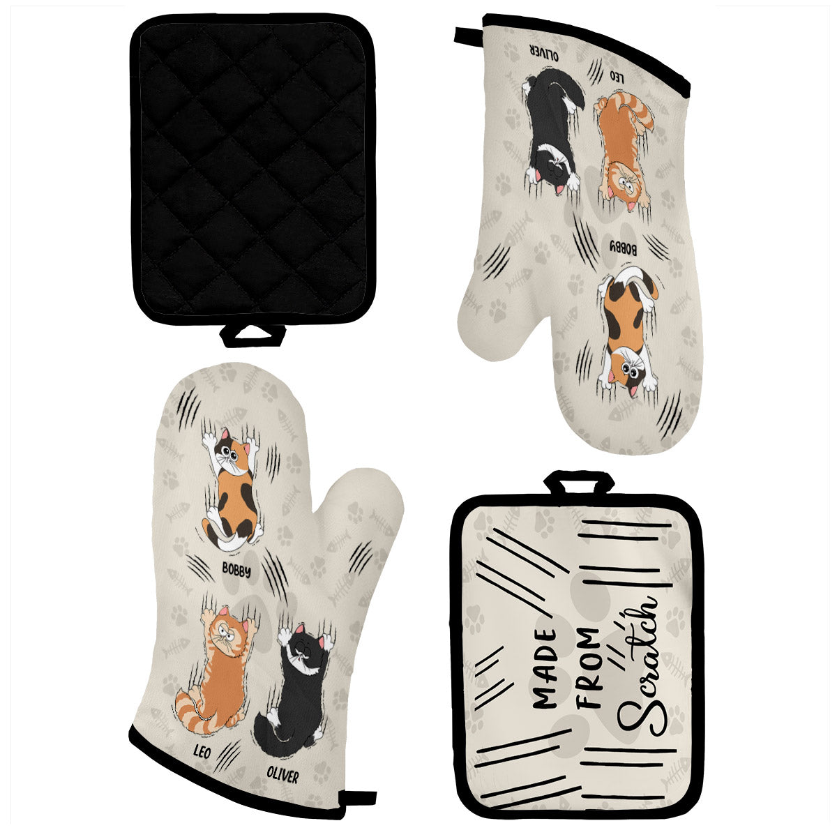 Handgemachtes Set aus personalisierten Topflappen und Ofenhandschuhen mit Katzenmotiv