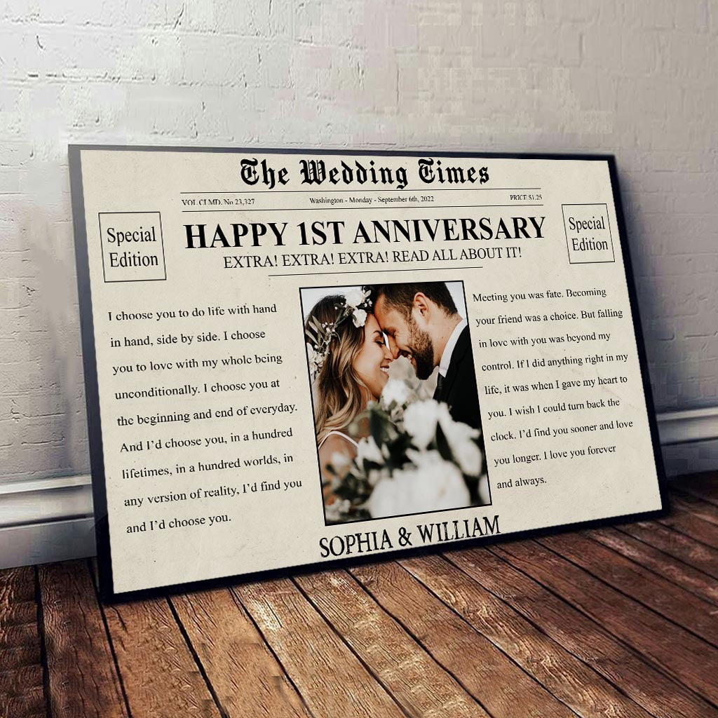 Alles Gute zum Jahrestag! – Personalisierte Leinwand und Poster für Ehepaare (The Wedding Times Newspaper)