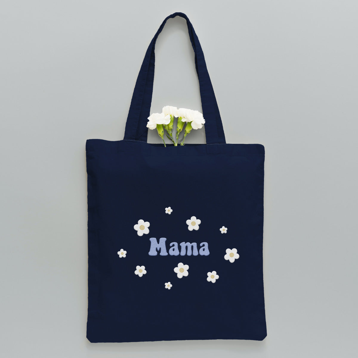 Personalisierte Tragetasche mit Namensstickerei und Blume – Individuelle Mutter-Stickerei