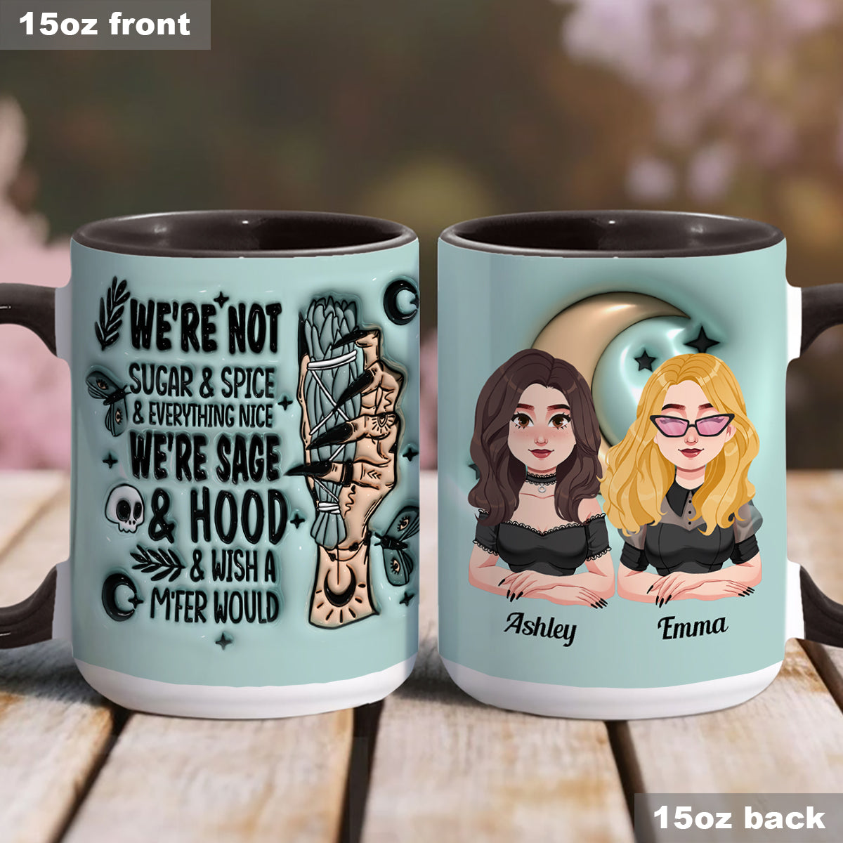 Wir sind nicht Zucker & Gewürze & alles Schöne, wir sind Salbei & Kapuze – personalisierte Tasse mit Hexenakzent