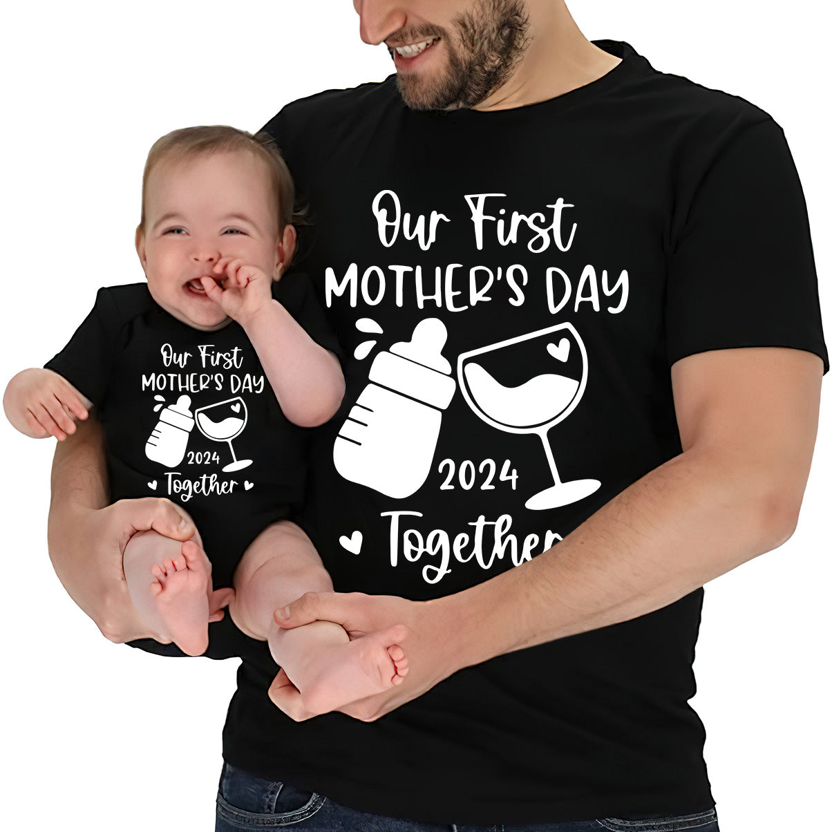 Unser erster gemeinsamer Muttertag – Milch und Wein – personalisiertes Mutter-T-Shirt und Baby-Body