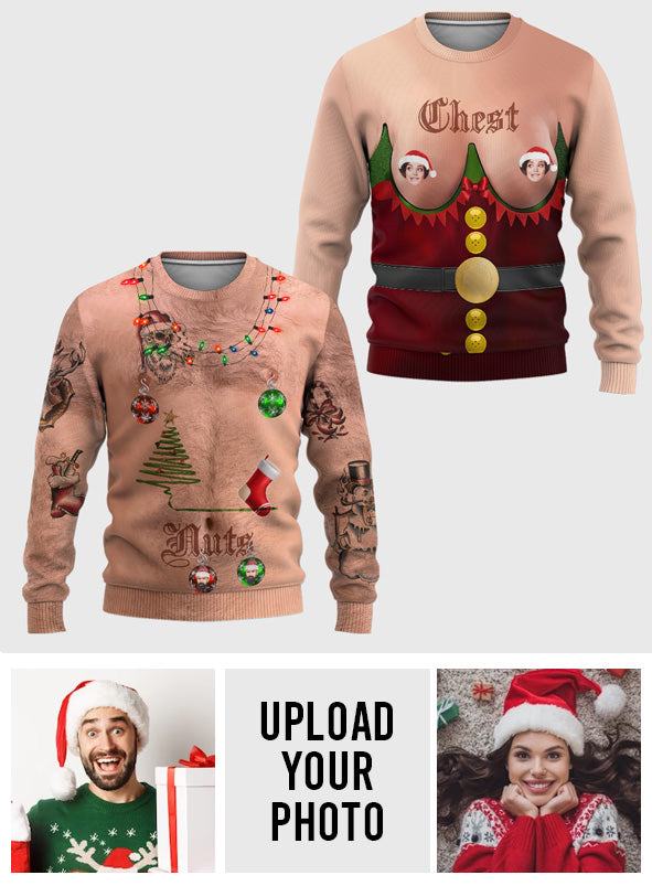 Lustiger Weihnachtspullover „Brust gegen Nuss“ – Personalisierter Weihnachtspullover für Paare
