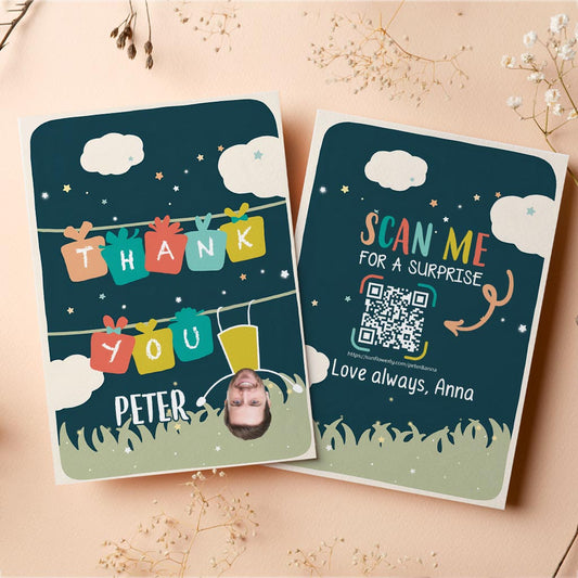 Dankeschön-Foto-Upload: Hängender Mann – personalisierte QR-Grußkarte