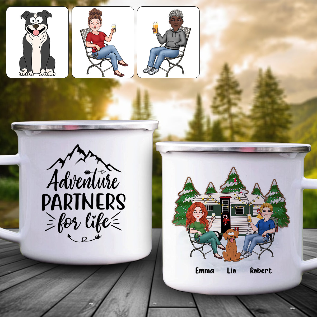 Gemeinsam sind wir am liebsten – personalisierter Camping-Emaillebecher