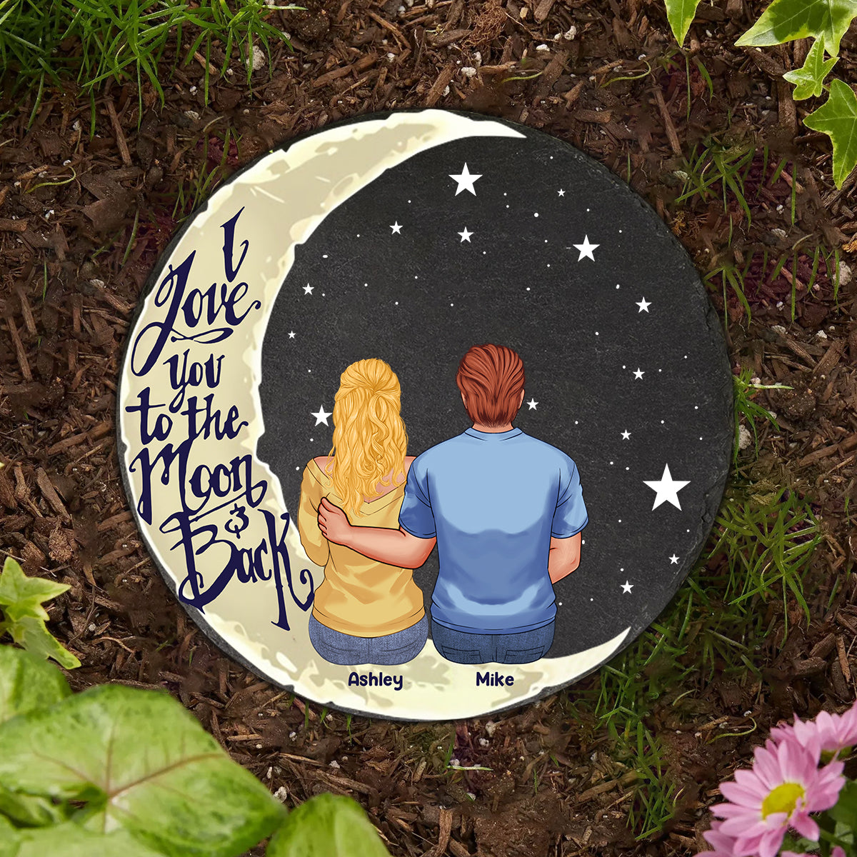 Ich liebe dich bis zum Mond und zurück – Personalisierter runder Stein für Paare