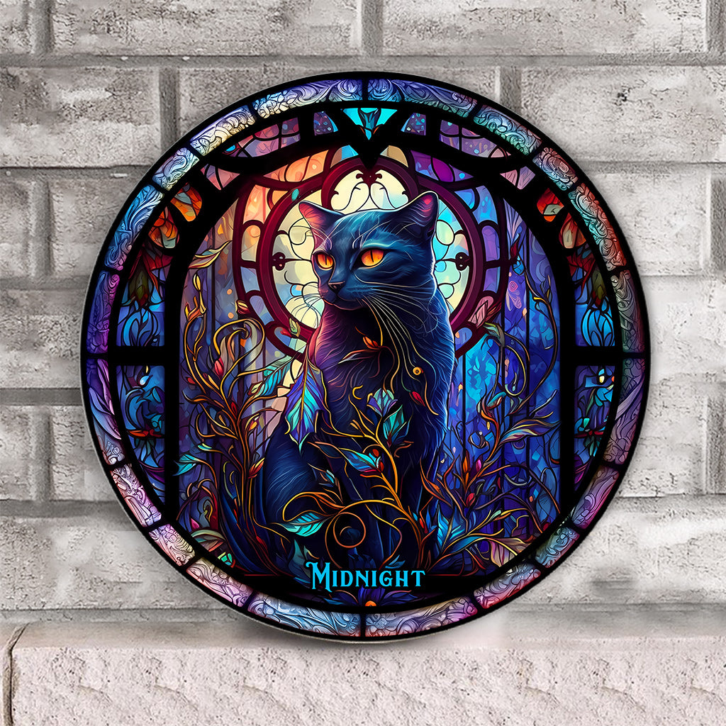 Schwarze Katze – Personalisiertes rundes Holzschild mit schwarzer Katze