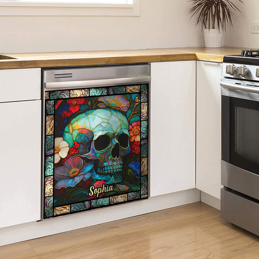Personalisierter Geschirrspülerdeckel mit Totenkopf-Blumenmuster