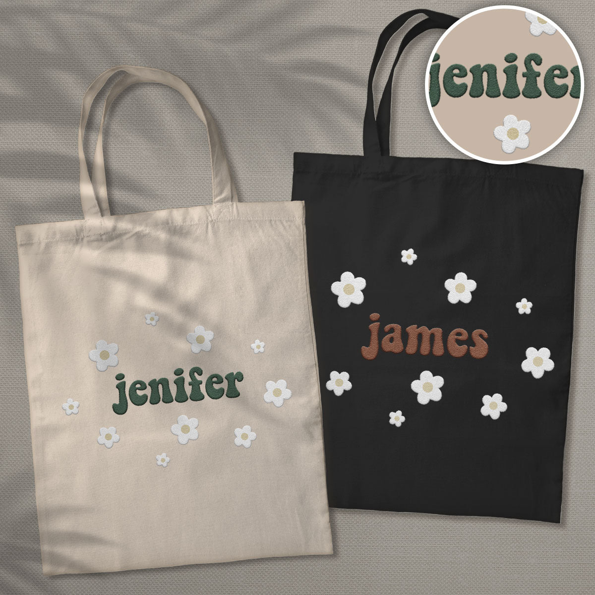 Personalisierte Tragetasche mit Namensaufdruck und Blume – Bestickte Tasche für Paare