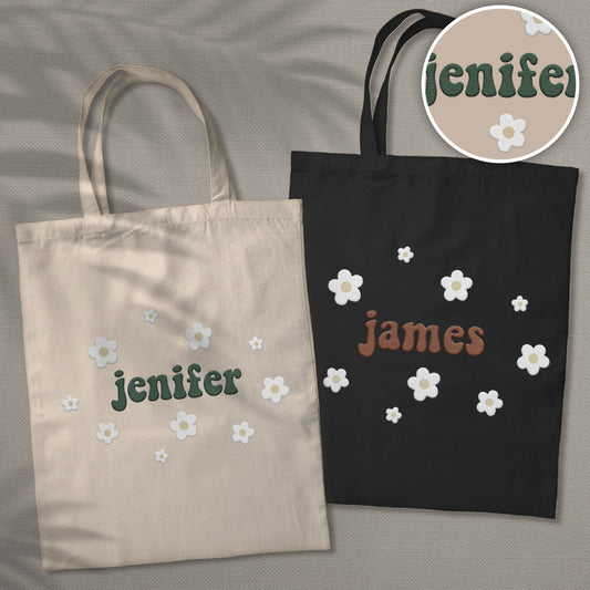 Personalisierte Tragetasche mit Namensaufdruck und Blume – Bestickte Tasche für Paare