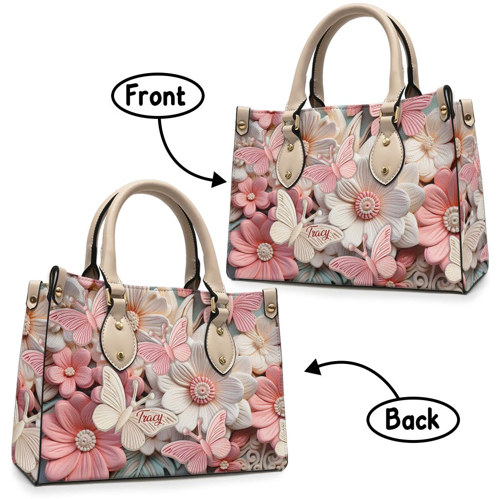 Schmetterlinge und Blumen – Personalisierte Schmetterlings-Lederhandtasche
