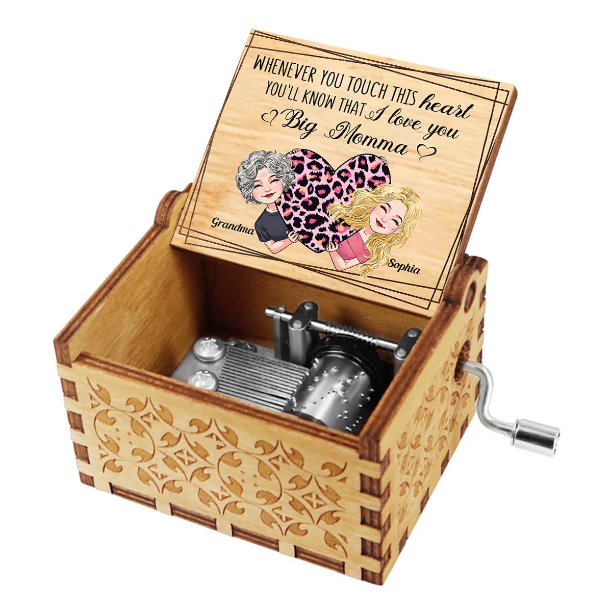 Immer wenn du dieses Herz berührst – Geschenk für Mama, Oma, Opa, Tochter, Sohn, Enkelin, Enkel, Ehefrau, Ehemann, Papa, Tante, Onkel, Schwester, Bruder – Personalisierte Handkurbel-Spieluhr
