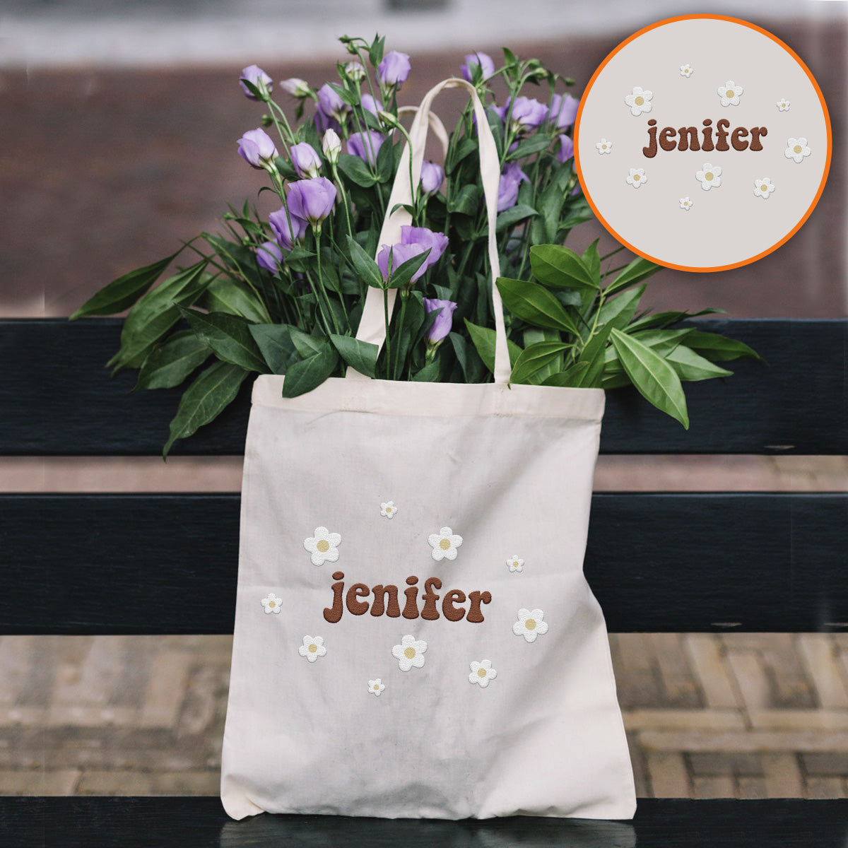 Personalisierte Tragetasche mit Namensstickerei und Blume – Geschwister-Stickerei