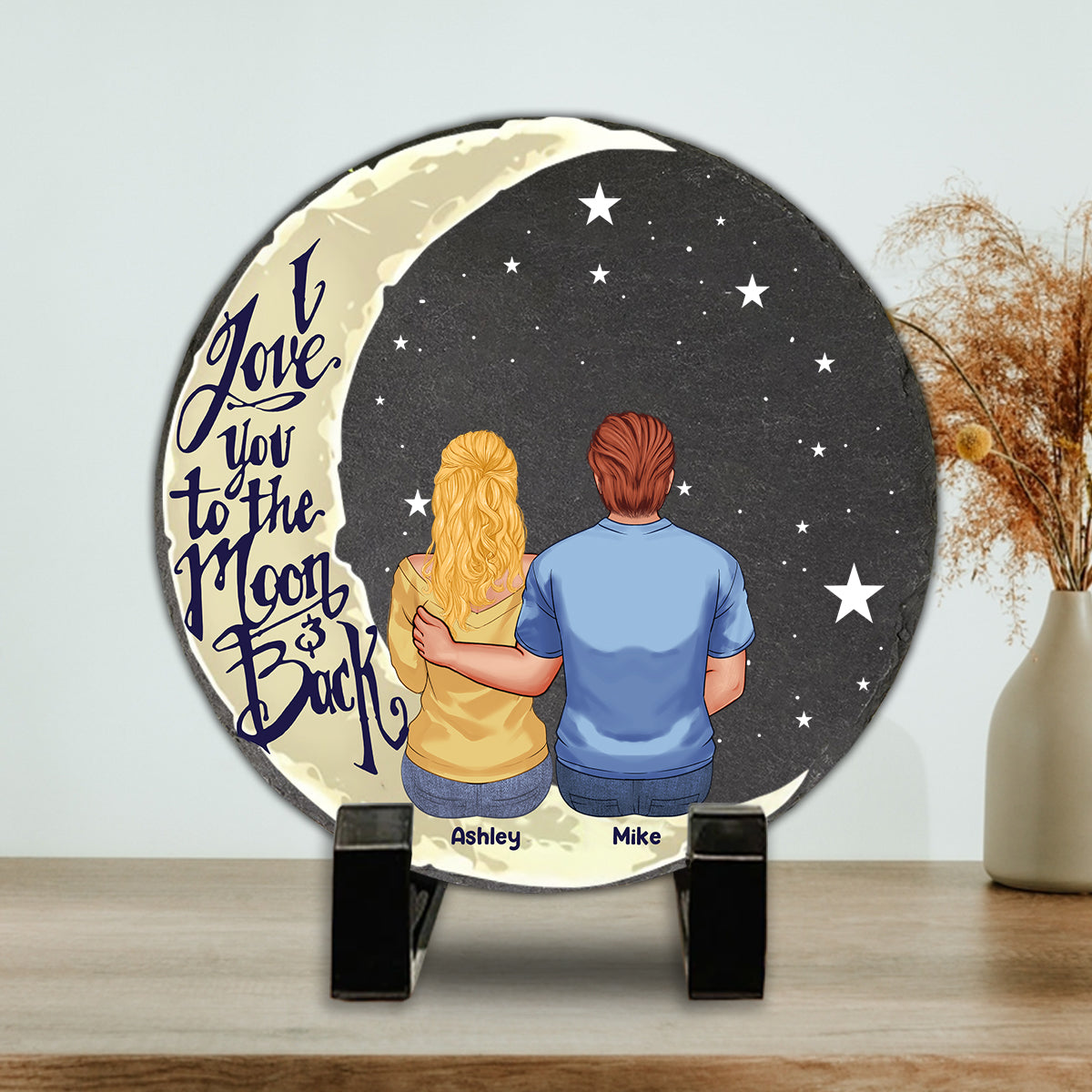 Ich liebe dich bis zum Mond und zurück – Personalisierter runder Stein für Paare