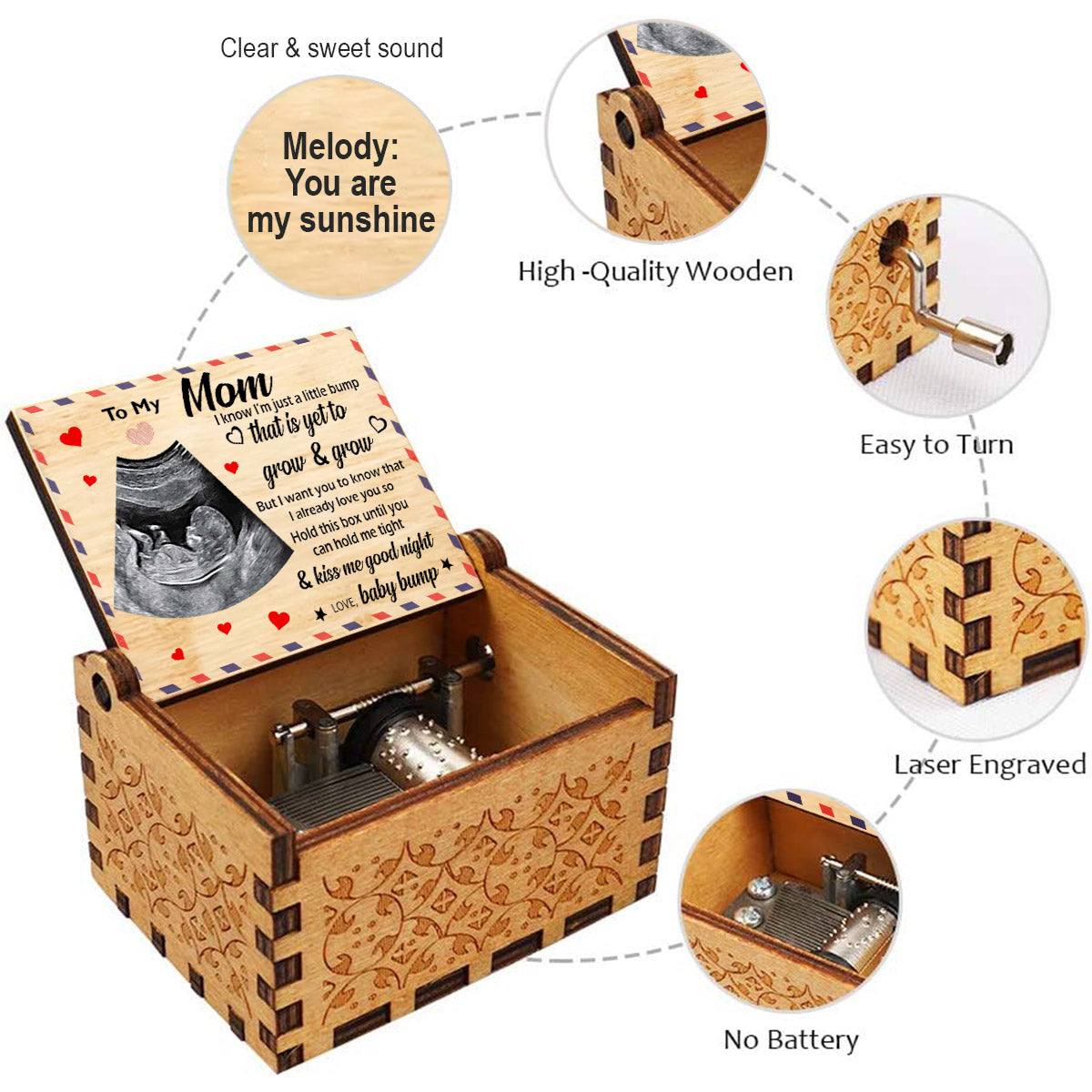 To My Mom / Dad / Grandma / Grandpa / Brother / Sister Baby Ultrasound Photo - Personalized Pregnancy Hand Crank Music Box