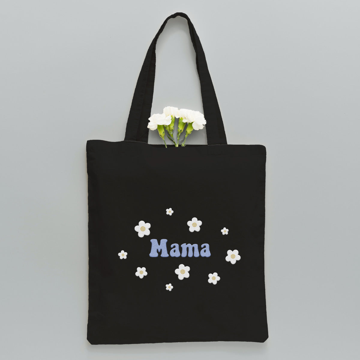 Personalisierte Tragetasche mit Namensstickerei und Blume – Individuelle Mutter-Stickerei
