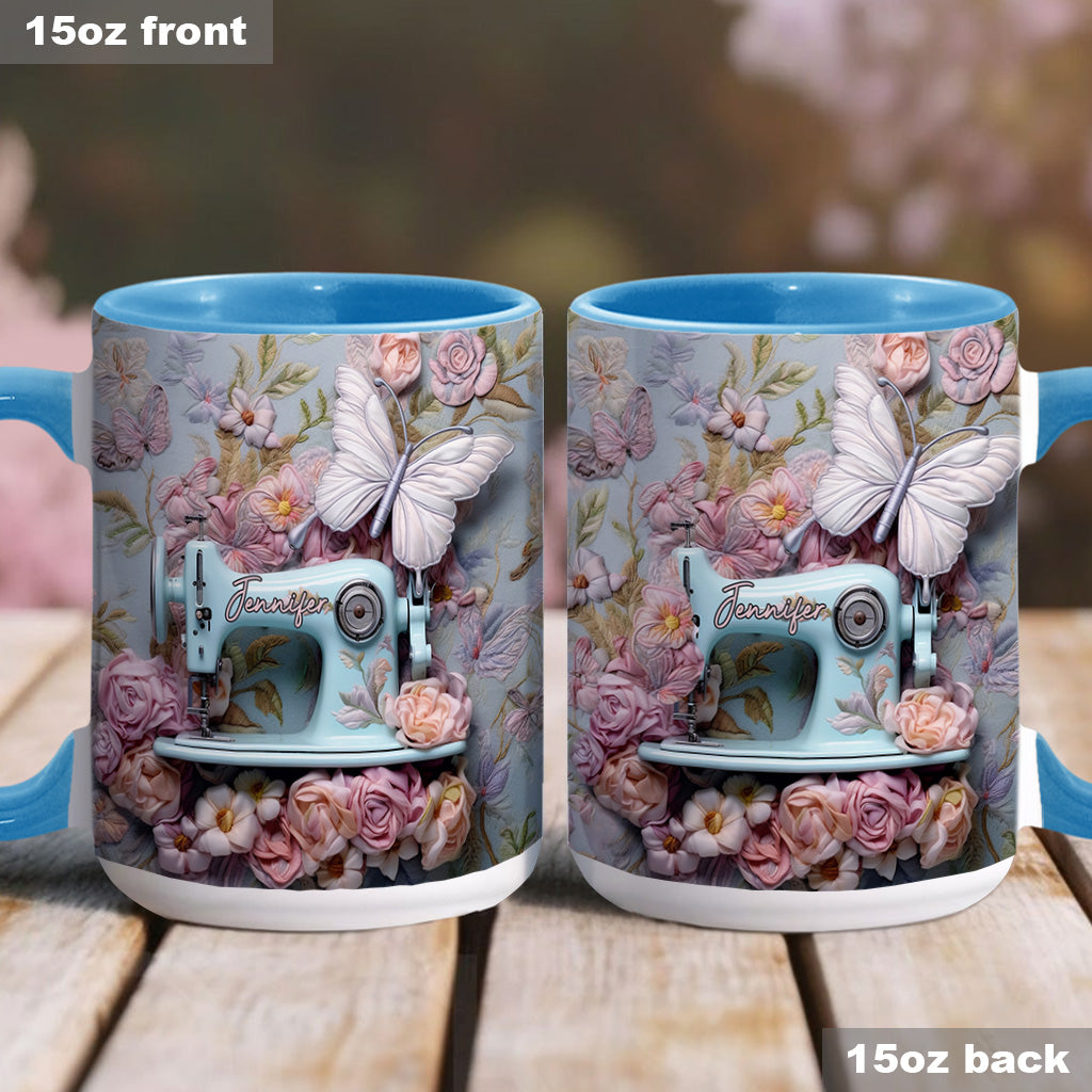 Nähmaschine mit Blumenmuster – personalisierte Tasse mit Nähdekor