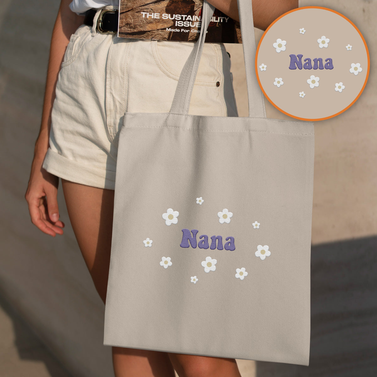Personalisierte Tragetasche mit Namensaufdruck und Blume – bestickt für Oma