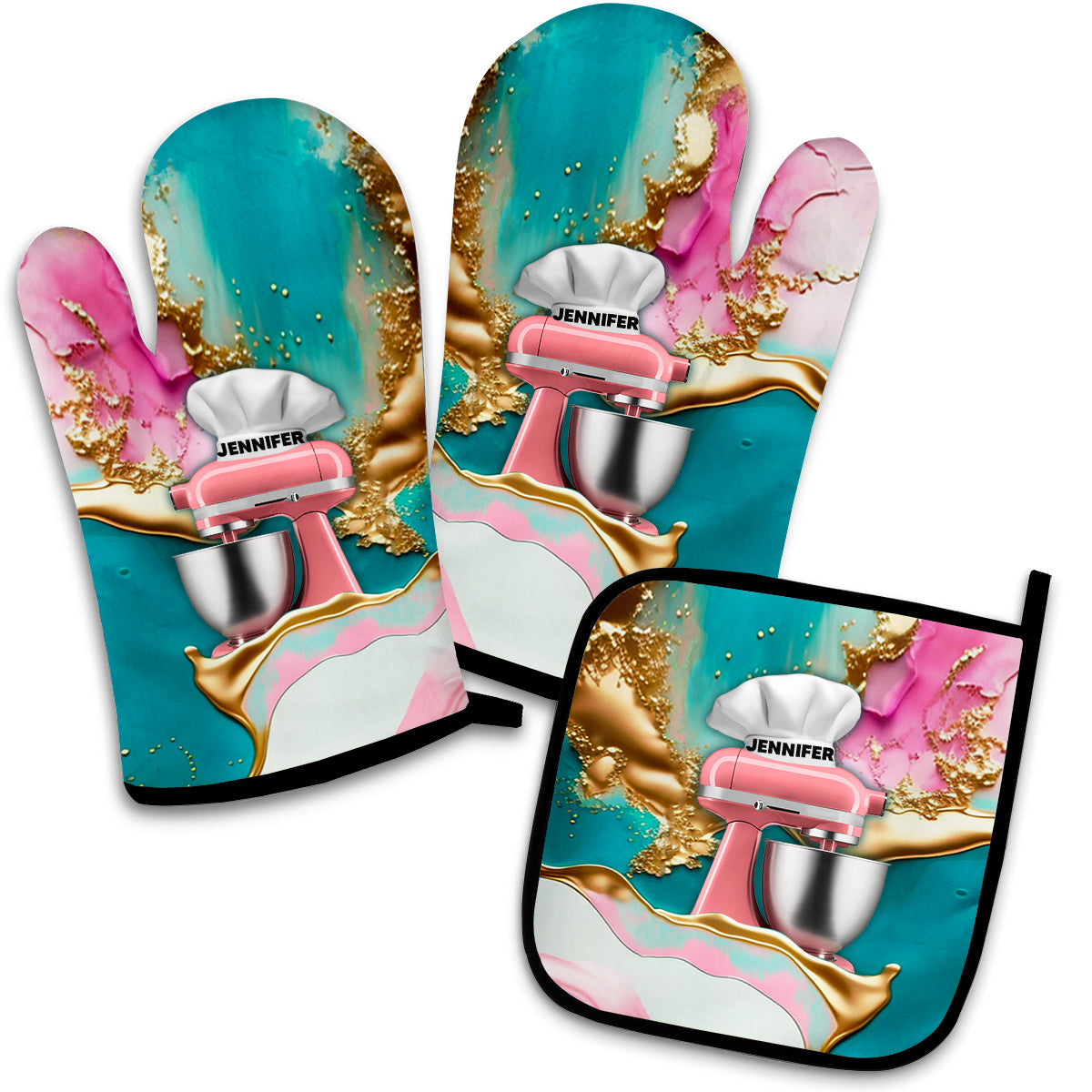 Love Baking – Personalisiertes Set aus Ofenhandschuhen und Topflappen