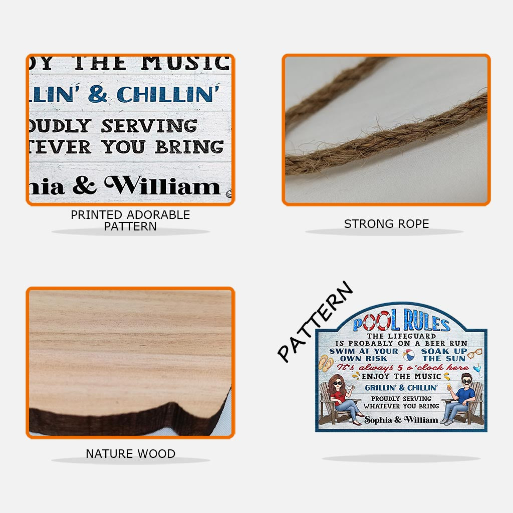 Poolregeln: Baden auf eigene Gefahr – Personalisiertes Holzschild für den Garten