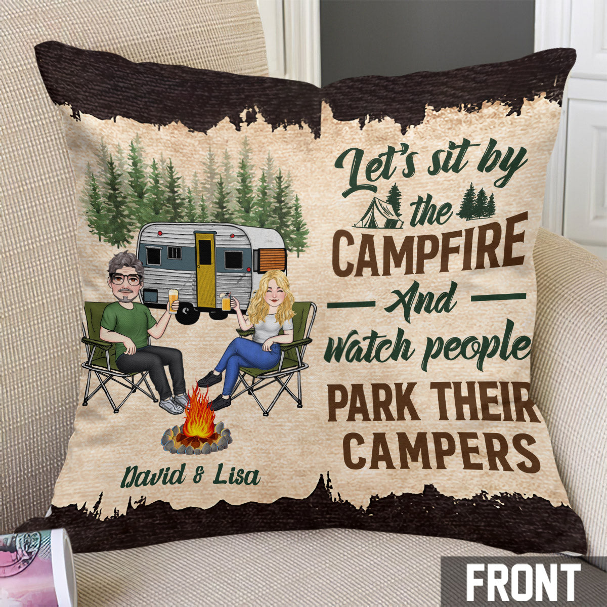Let's Sit By The Campfire - Personalized Camping Throw Pillow