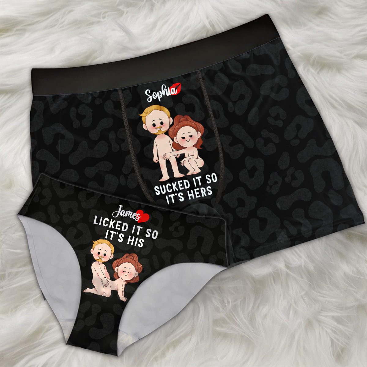 Sie hat ihn gelutscht, also gehört er ihr, und er hat ihn geleckt, also gehört er ihm – personalisierte Damen-Slips und Herren-Boxershorts für Paare