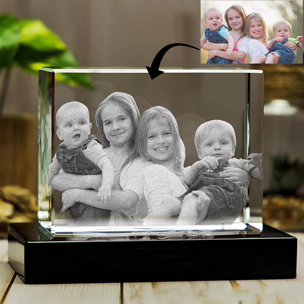 Foto nach Wunsch – Personalisierte Kinder-Lasergravur auf 3D-Kristalllampe in Quaderform