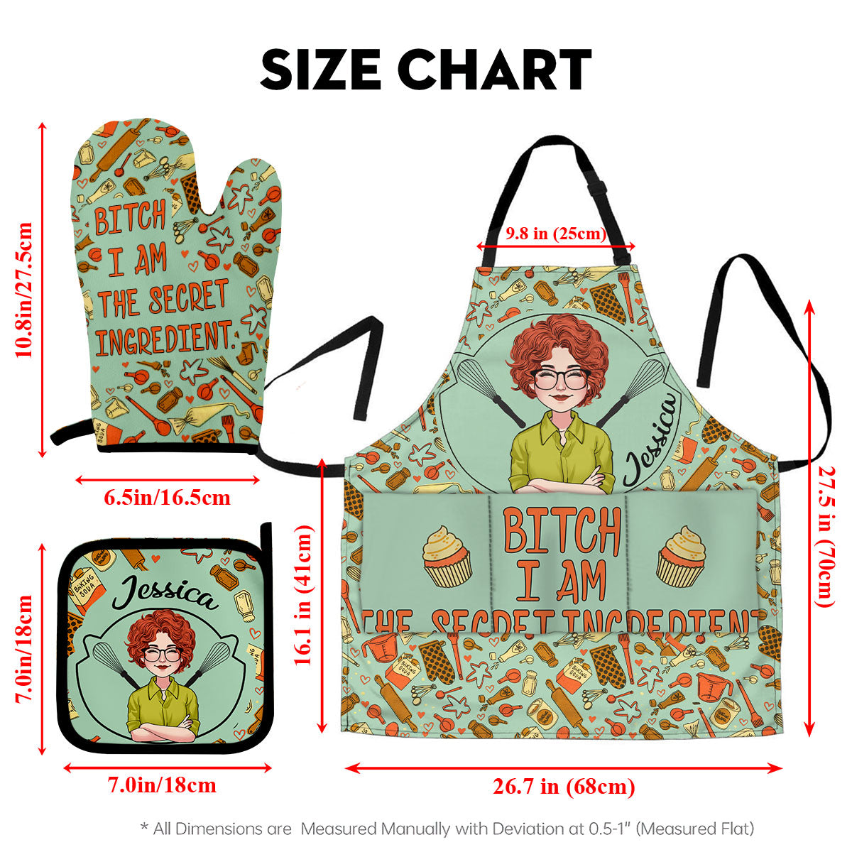 Ich bin die Geheimzutat – Personalisierte Backschürze, Ofenhandschuhe & Topflappen