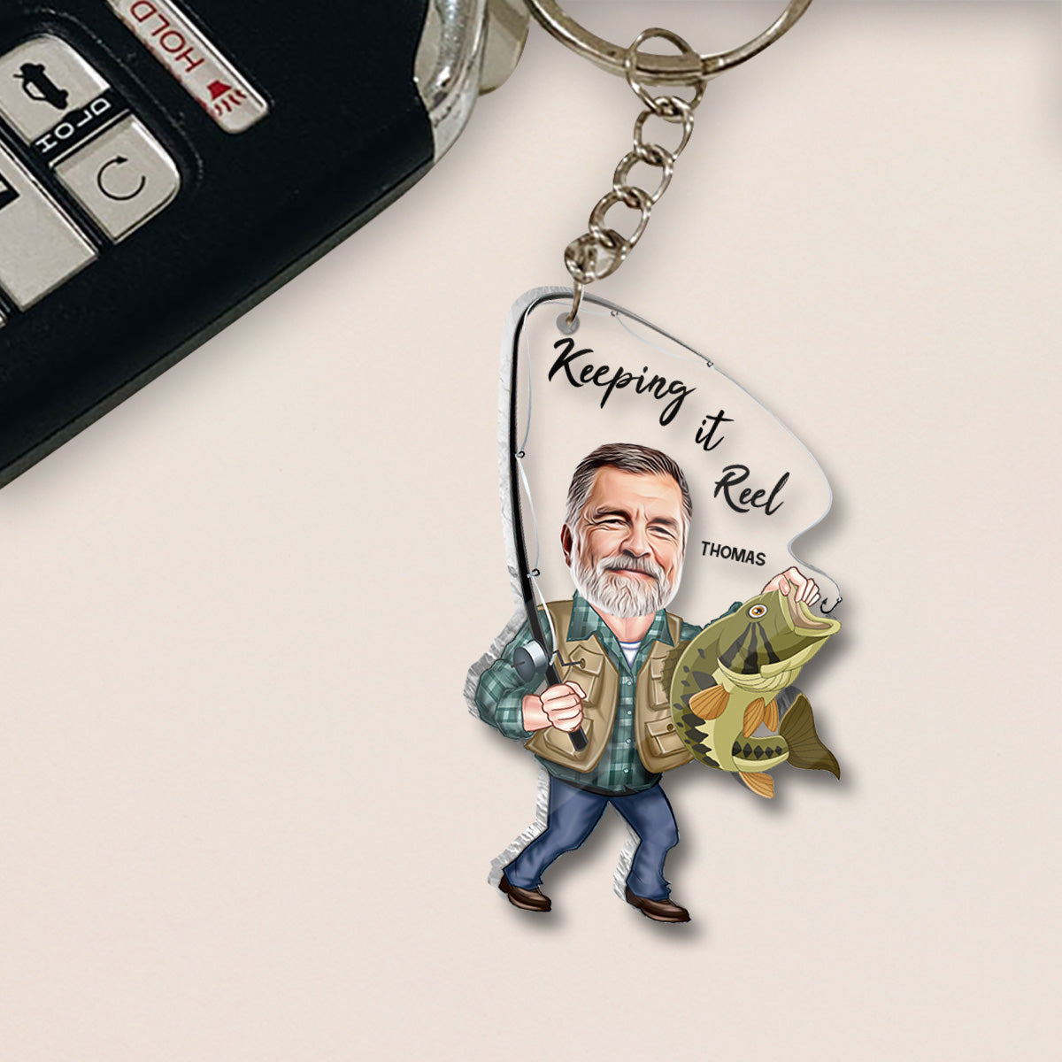 Lustiges Angelmotiv mit Foto – Personalisierter Angel-Schlüsselanhänger