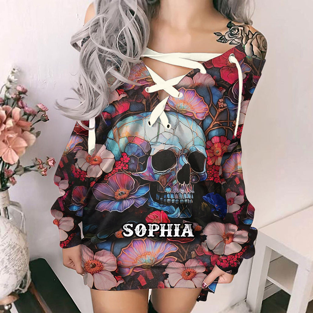 Blumen-Totenkopf - Personalisiertes Totenkopf-Schulterfreies Kleid